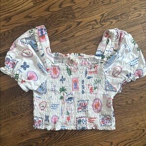 Monteau Los Angeles Pink and Blue Smocked Crop Top with Flutter Sleeves large
